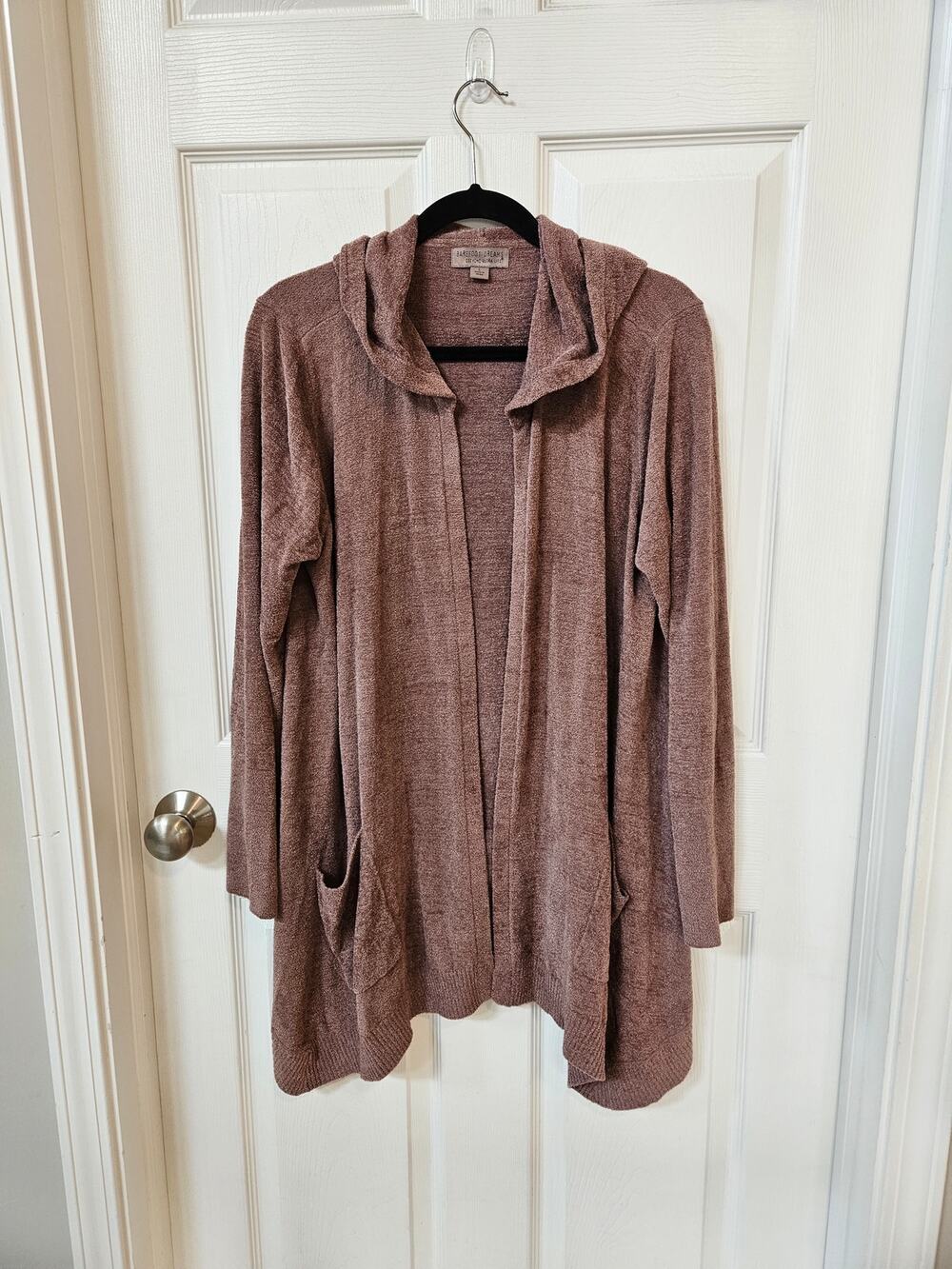 Barefoot Dreams CozyChic Ultra Lite Hooded Cardigan L Dusty Rose Mauve Pockets